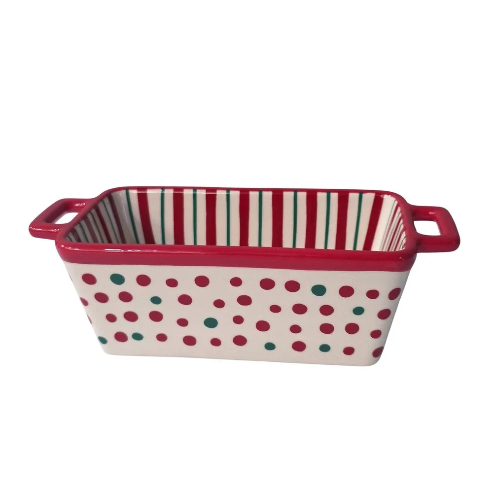 Vintage HolidayTime Mini Ceramic Loaf Pan Red Green Polka Dot Striped Stoneware